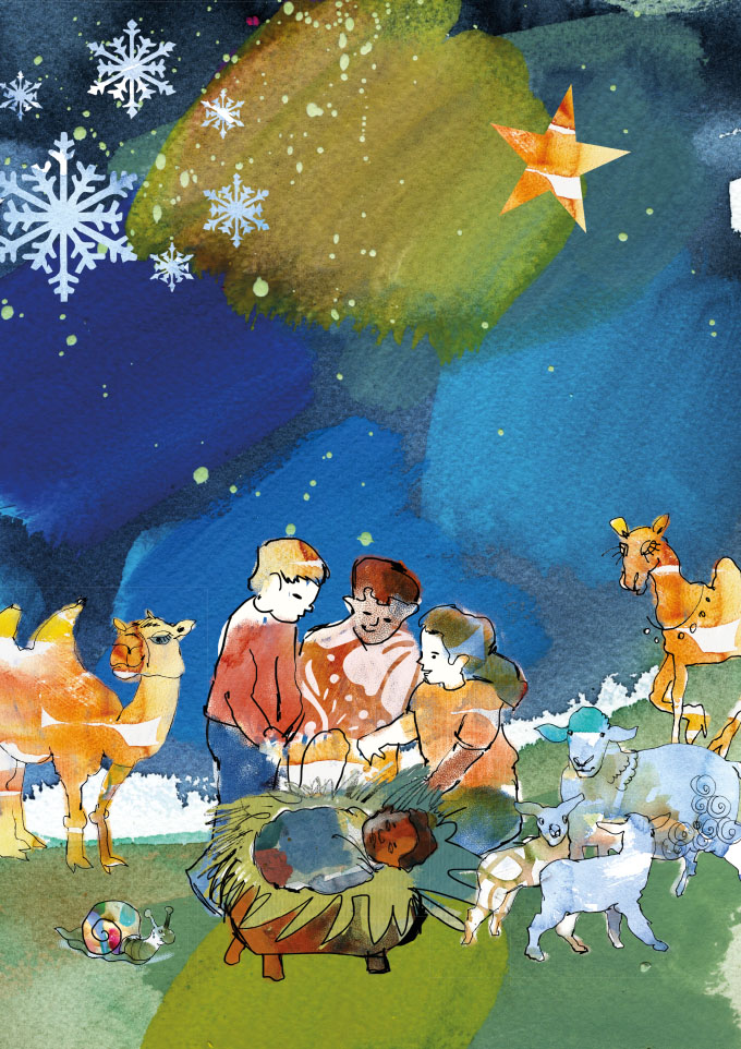 Akvarellimaalaus jouluseimestä, jossa on lampaita, kameleita ja lapsia seimen äärelle.
