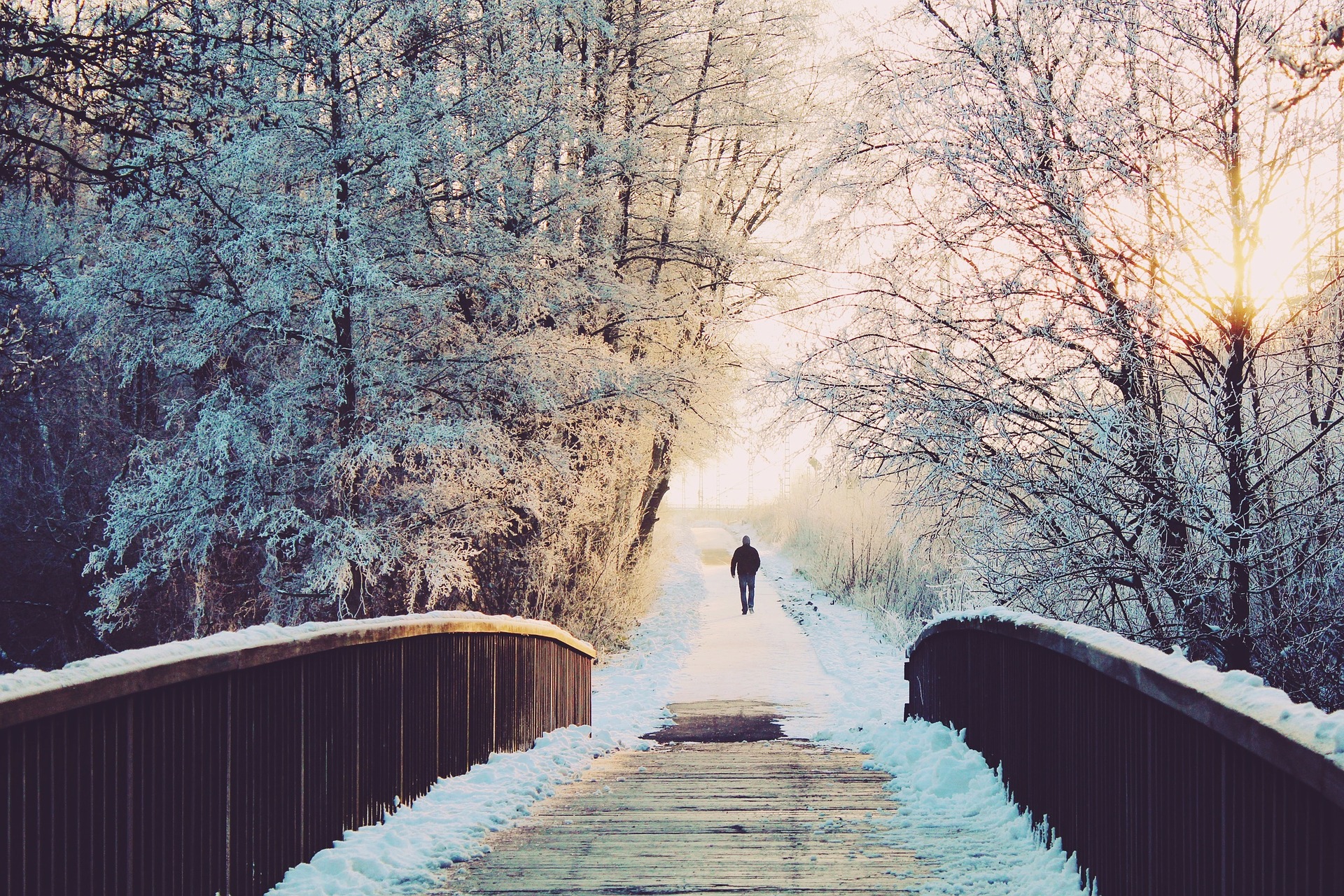 En människa vandrar alldeles ensam genom ett snöigt landskap.