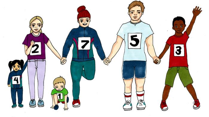 Illustration av några barn och ungdomar som håller varandra i handen, en står på knä i startposition och en stretchar.