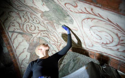 Albertus Pictors kalkmålning som föreställer änglar rengörs i Helga Trefaldighets kyrka i Uppsala.