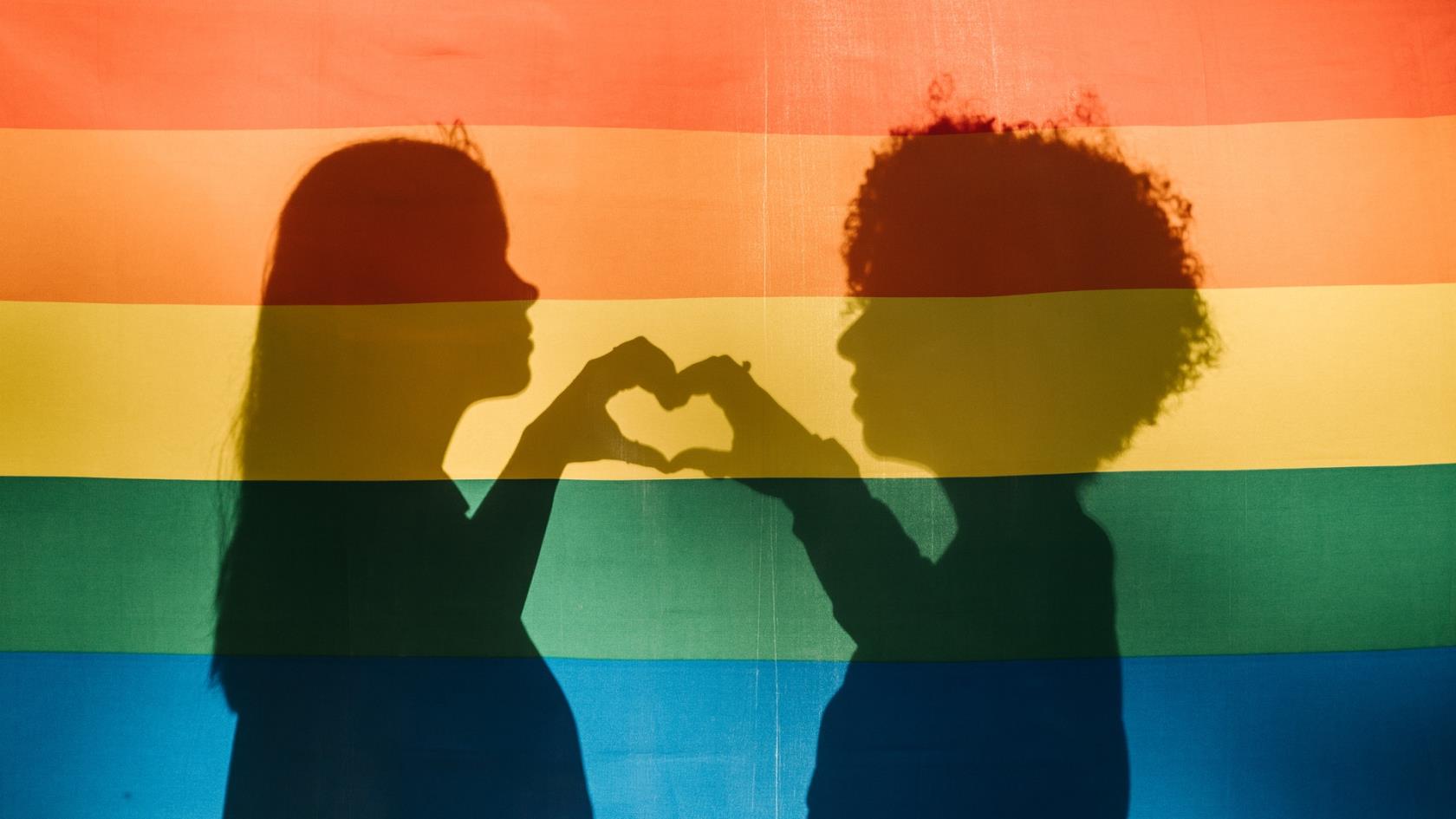 Bakom en halvt genomskinlig regnbågsflagga syns silhuetten av ett par som gör hjärt-tecken med sina händer.