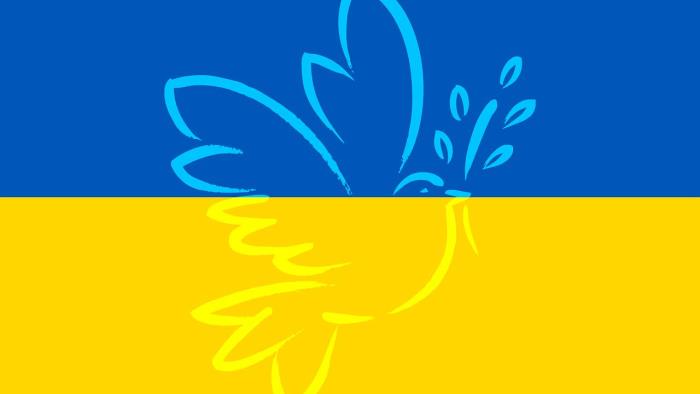 Ukrainas flagga med en infälld fredsduva