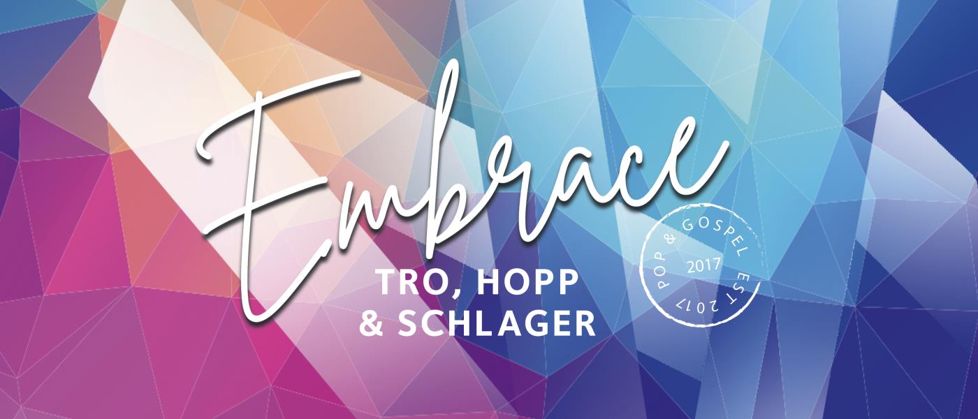 Färgglad melloinspirerad bakgrund med text: Embrace Tro, hopp och schlager 