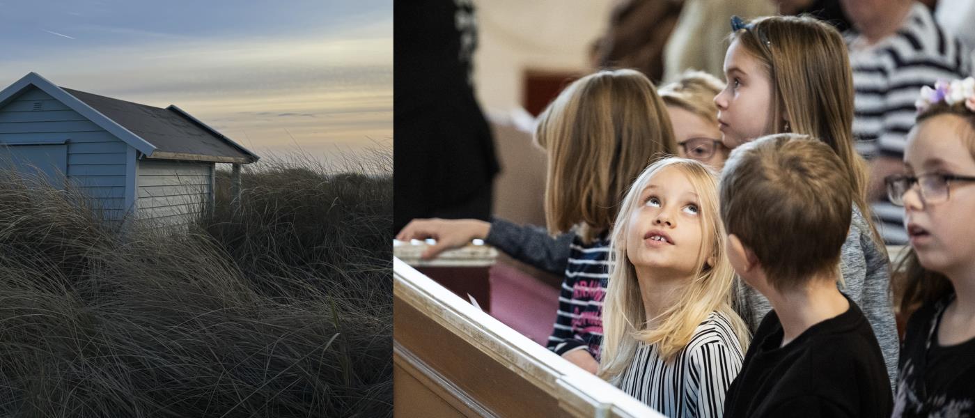 Till vänster: En badhytt på Skanörs strand i solnedgång. Till höger: Glada barn som sjunger i kyrkokör. 