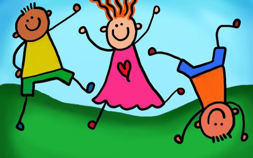 Glada tecknade barn hoppar och studsar i det gröna gräset mot blå himmel i bakgrunden.