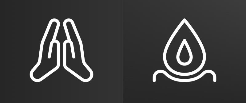 Två symboler, till vänster, två händer ihop mot varandra, till höger ett stearinljus