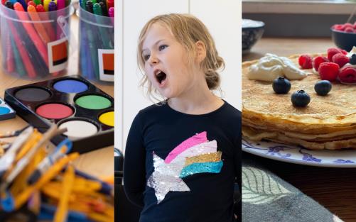 Ett kollage bestående av tre bilder: vattenfärger och tuschpennor, ett sjungande barn och en hög med pannkakor.
