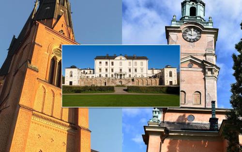 Bildcollage med Uppsala domkyrka, Rosersbergs slott och Storkyrkan i Stockholm