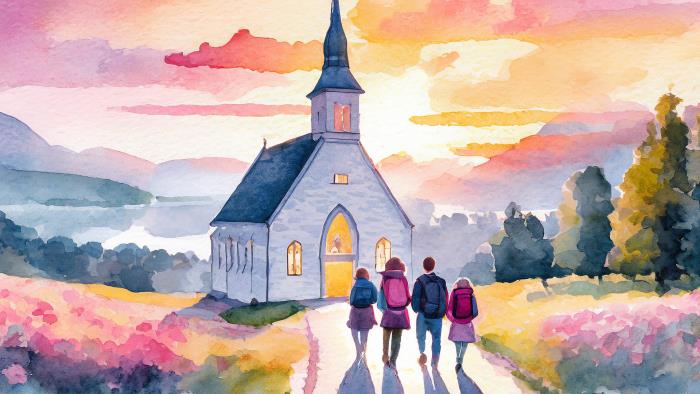 En digitalt framställd akvarellmålning av kyrka i solnedgång. Himlen har vacker rosa toning och solen skiner bakom kyrktornet mellan molnen som skingrat sig. Fyra personer går mot kyrkan. De har varsin ryggsäck på sig.Landkskapet omkring dem blommar och ser nästan lite drömskt ut i den akvarellfärgade solnedgången. 