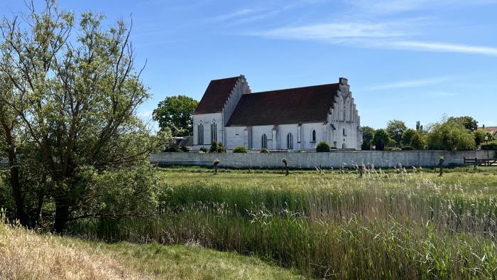 Skanörs kyrka (Näsets pastorat) omgiven av vacker sommargrönska. 