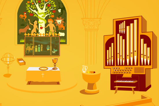 Illustration som visar olika saker som finns i en kyrka, till exempel altartavla, dopfunt, kyrkorgel och ljusbärare. 