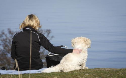 En kvinna sitter med sin hund och tittar ut över vattnet.