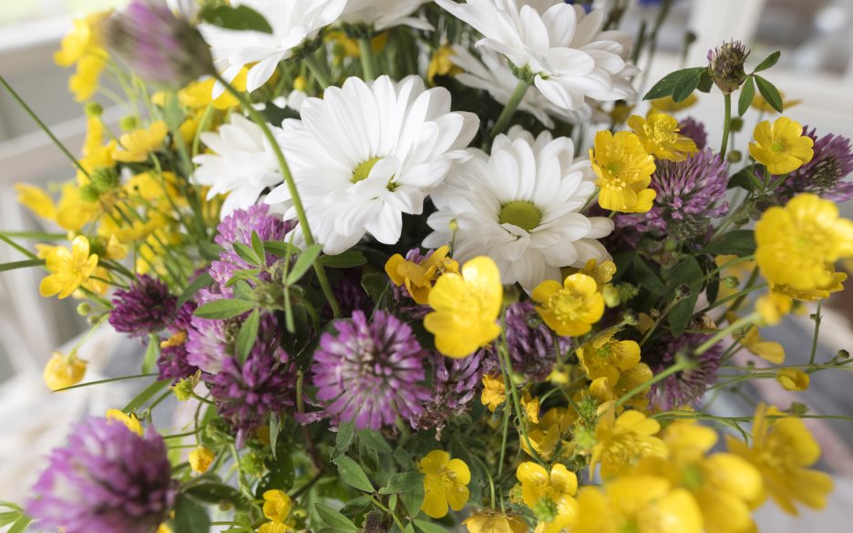 Närbild på en handplockad blombukett.