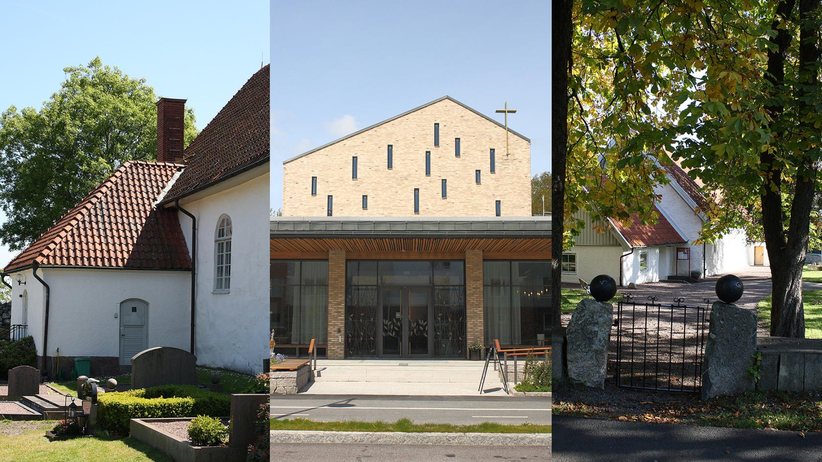 De tre kyrkorna. Fr.v. Björlanda, Amhult, Torslanda