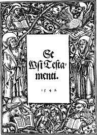 Mustavalkoinen kuva Micael Agricolan kääntämästä Uudesta testamentista.