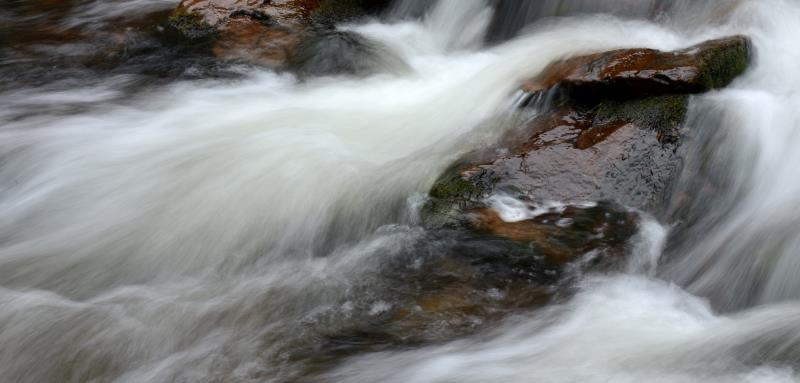 Vatten som forsar snabbt mellan stenarna i en bäck.