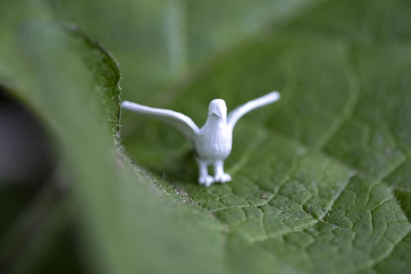 En liten vit plastduva med utsträckta vingar har placerats på ett grönt blad.