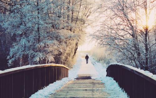 En människa vandrar alldeles ensam genom ett snöigt landskap.