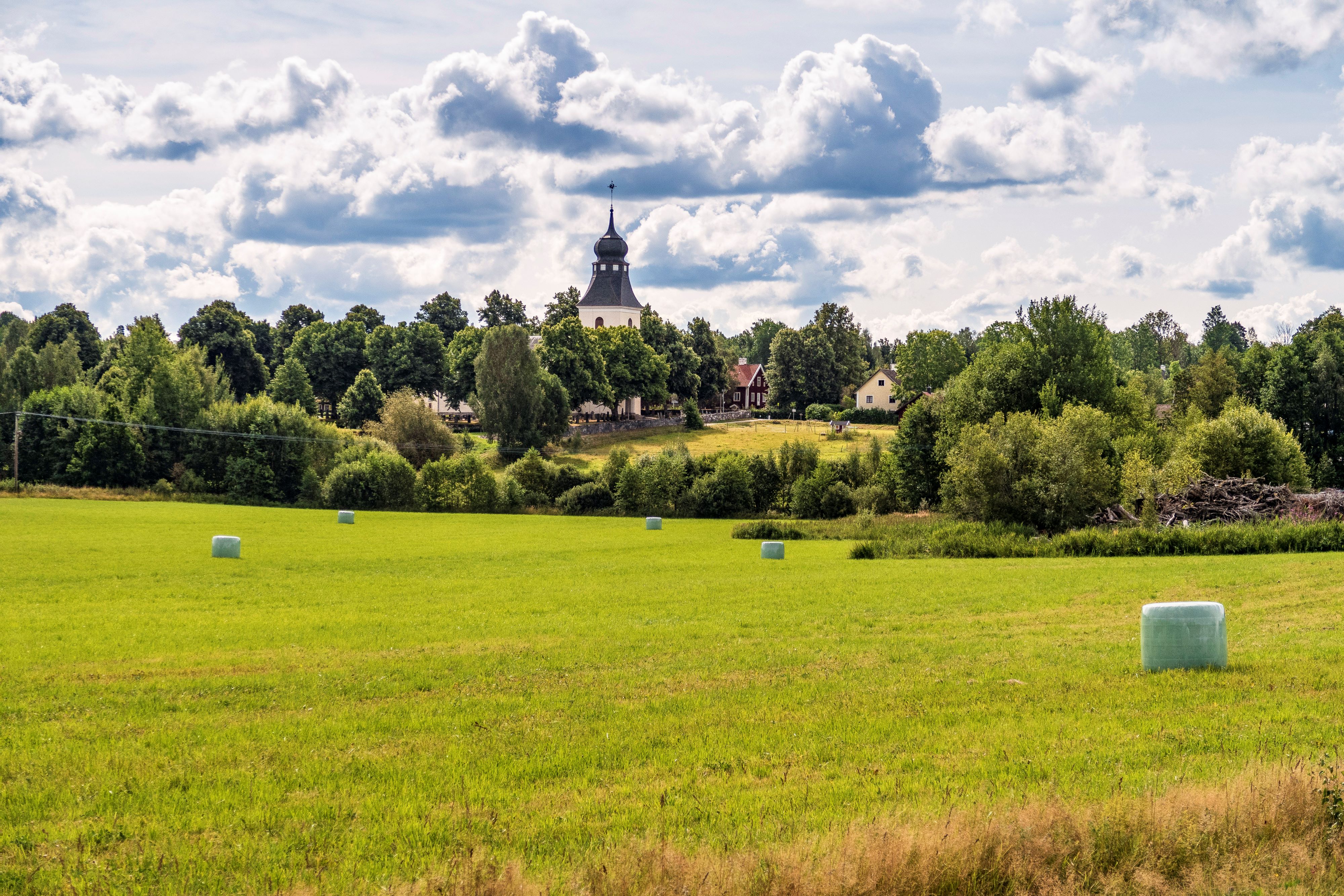 Sommaräng med kyrka i bakgrunden