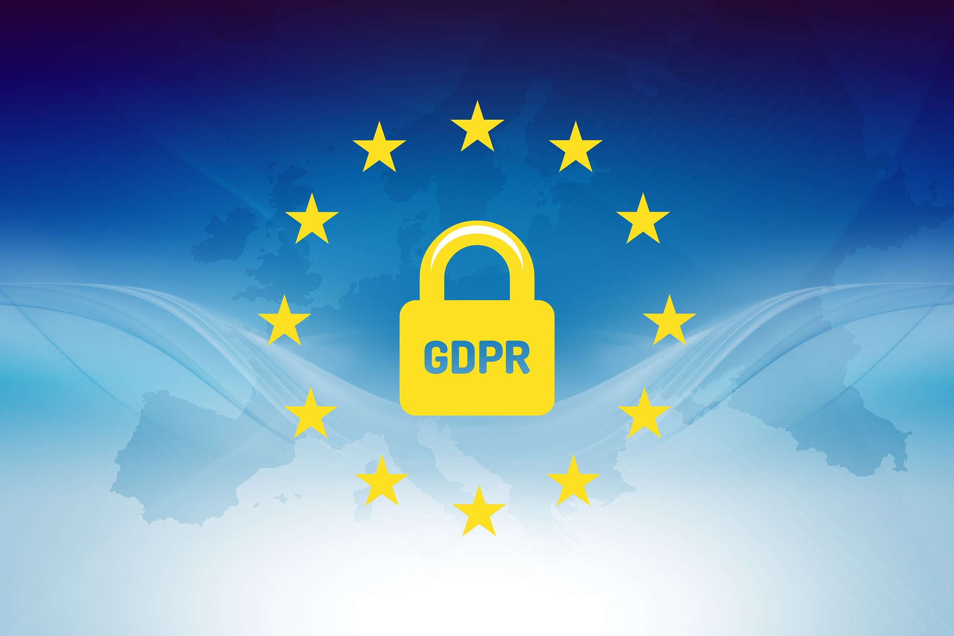 Ett gult hänglås med texten GDPR omringat av gula stjärnor på en blå bakgrund