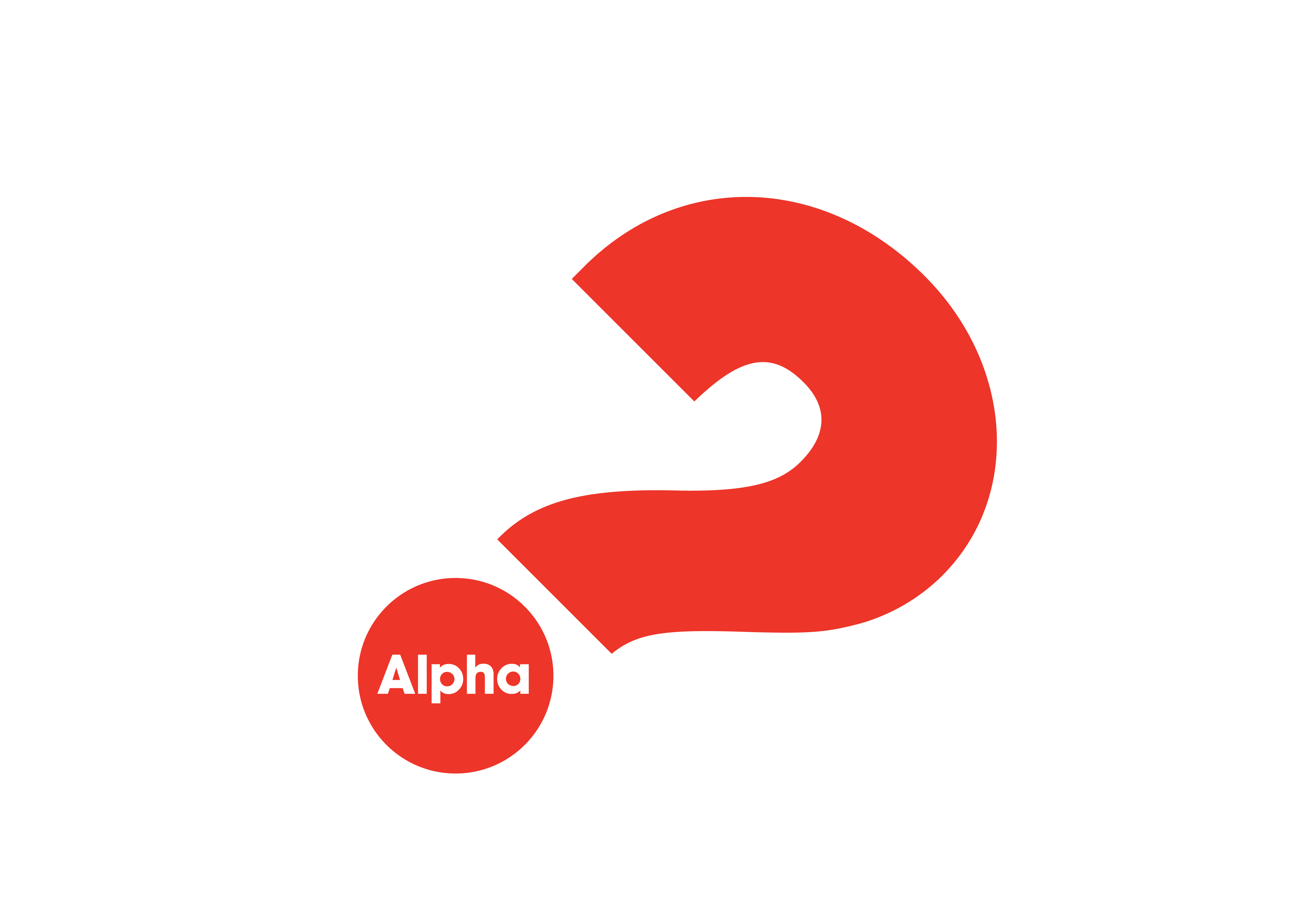 Bilden föreställer Alphas logotype - ett rött lutande frågetecken
