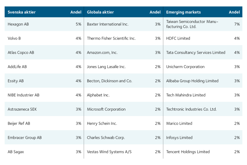 TAbell som visar Våra största innehav i aktier 31 december 2021.