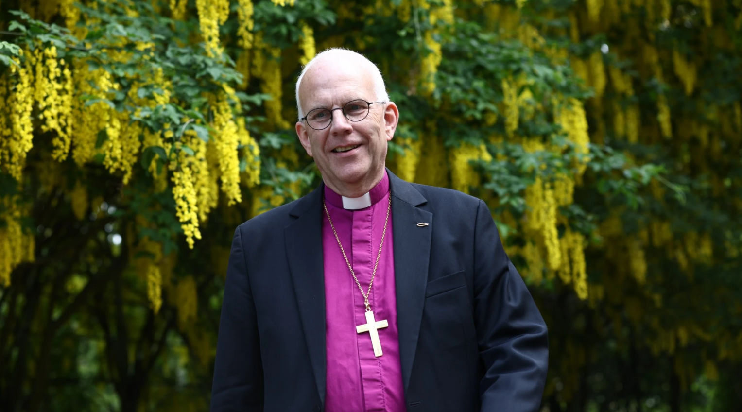 Ärkbiskop Martin står i lila biskopsskjorta och kavaj framför ett grönskande träd.