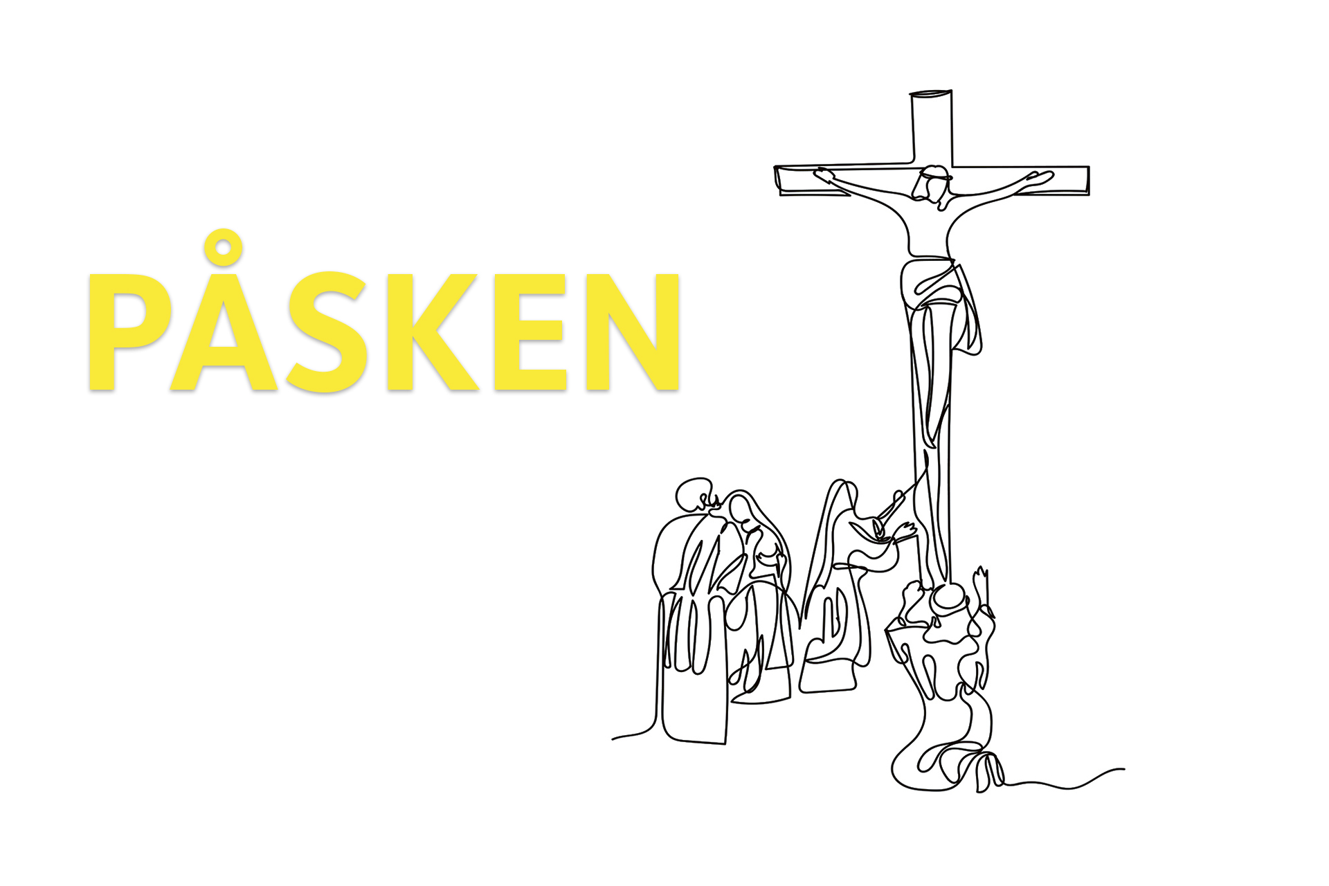 Svarvit Illustration Jesus på korset. Ordet Påsken i gult.