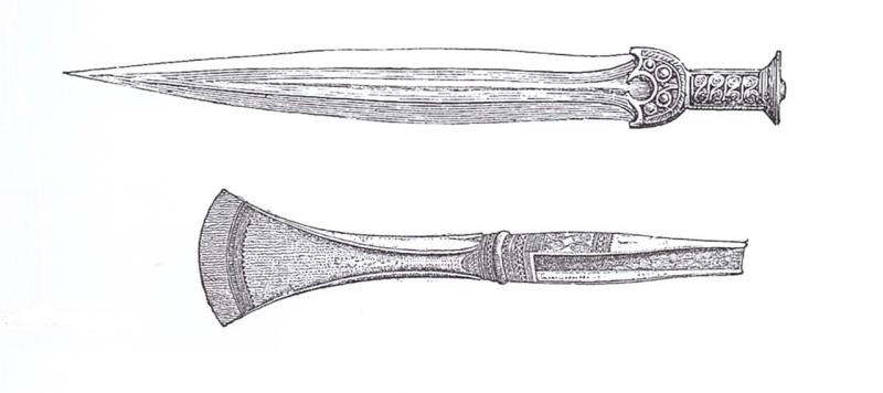 Teckningar av bronsdolk och bronsyxa