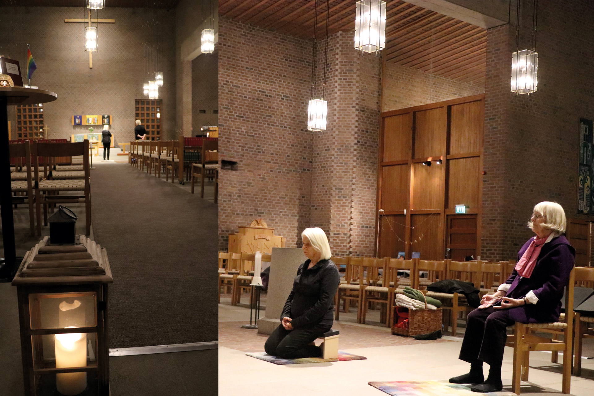 Kollage med ljuslykta vid kyrkans mittgång samt två personer i meditation i kyrkorummet.