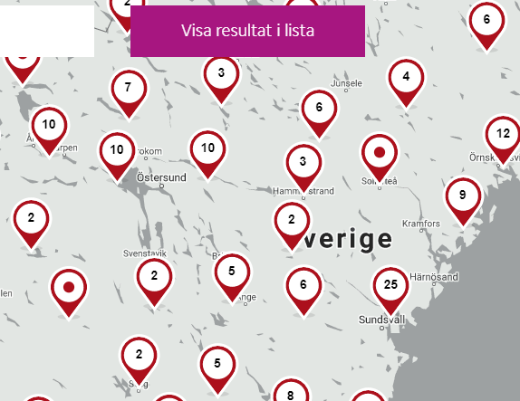 Bild från Hitta din lokal, som visar en karta med utsatta förtidsröstningslokaler