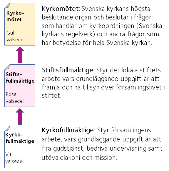 Illustration över de tre val som görs i kyrkovalet: till kyrkomötet (nationellt), stiftsfullmäktige (regionalt) och kyrkofullmäktige (lokalt)