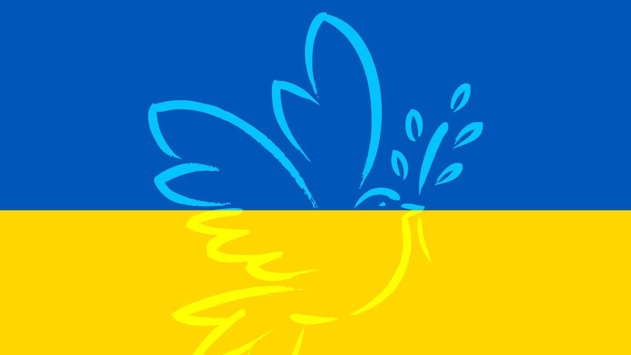 Ukrainas flagga med en infälld fredsduva