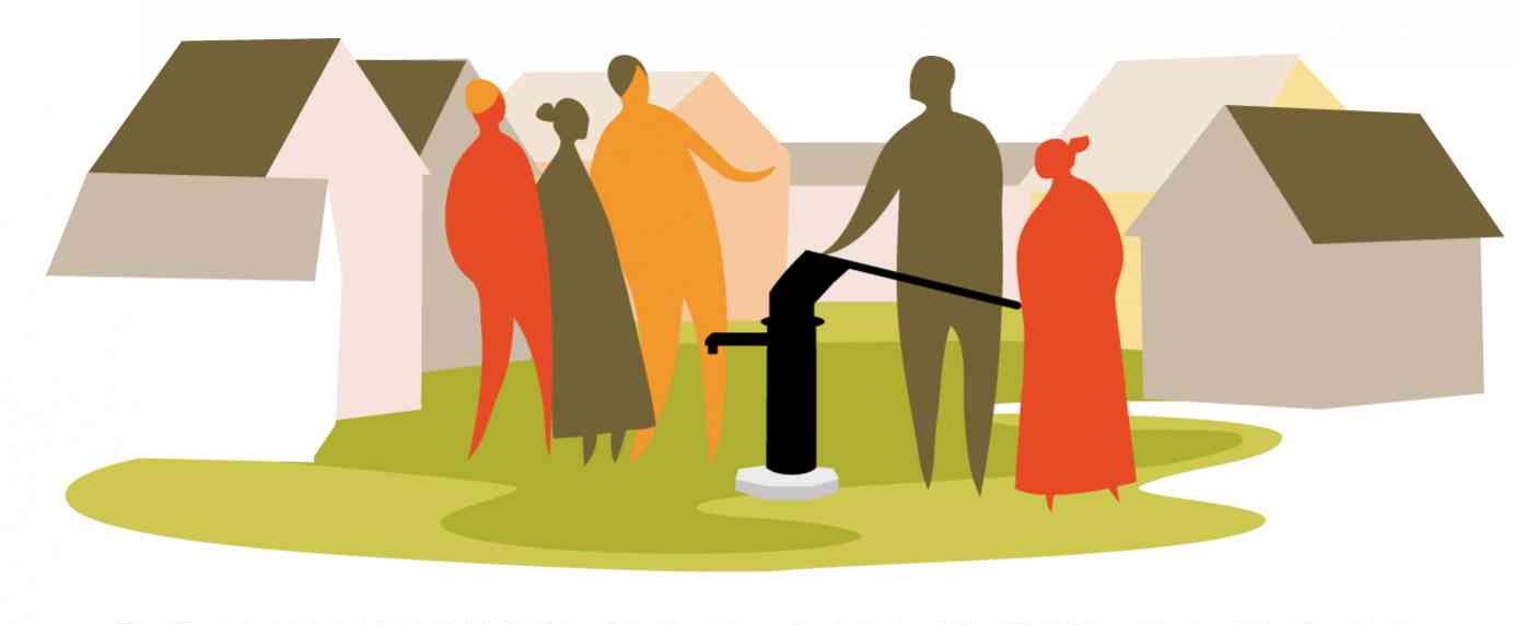 Illustration: Five people at a water pump