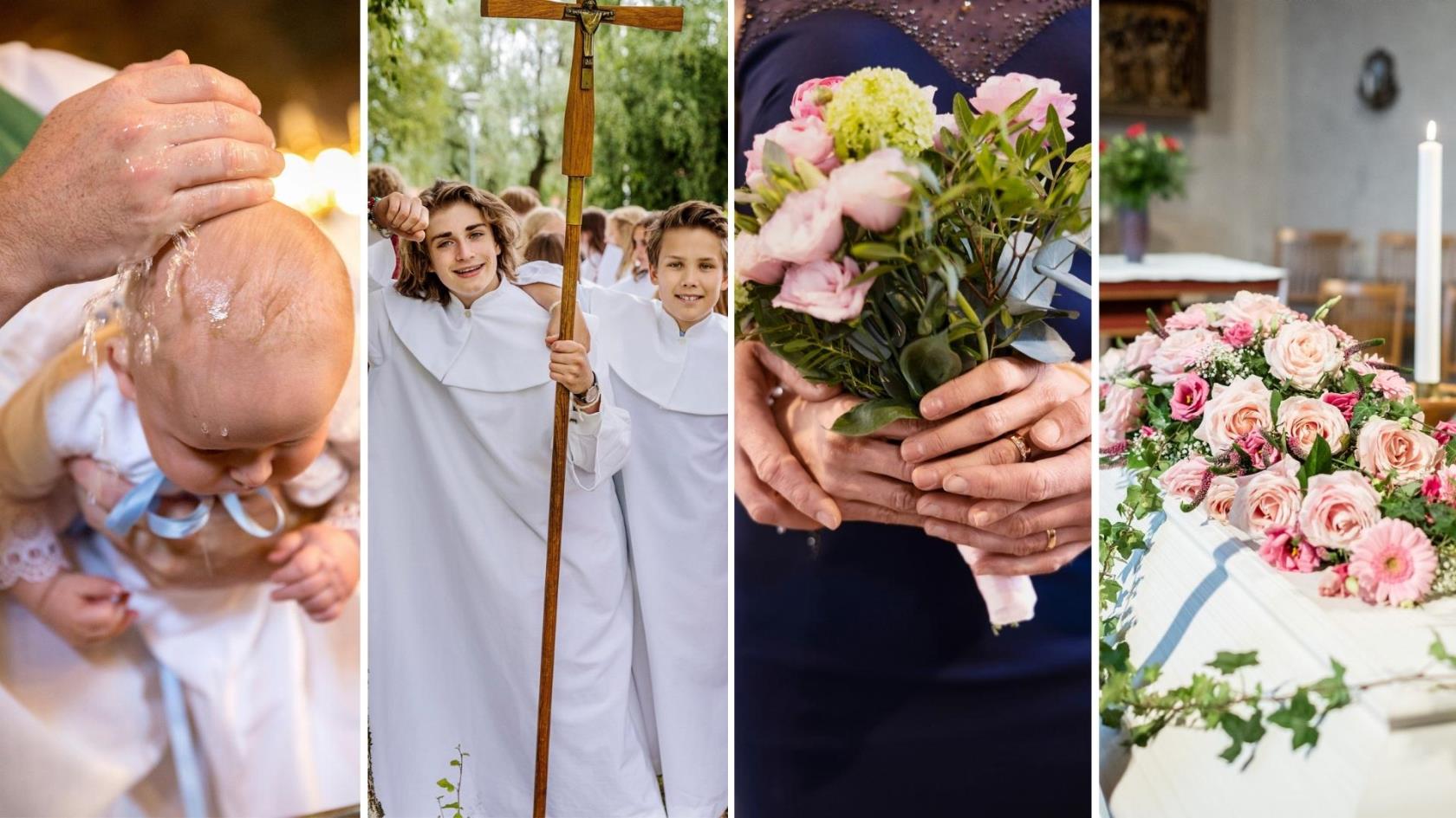 Bebis som döps, ungdom i vit konfirmandkåpa som håller i ett kors, händer på ett brudpar där de håller en brudbukett, kista med blomdekoration