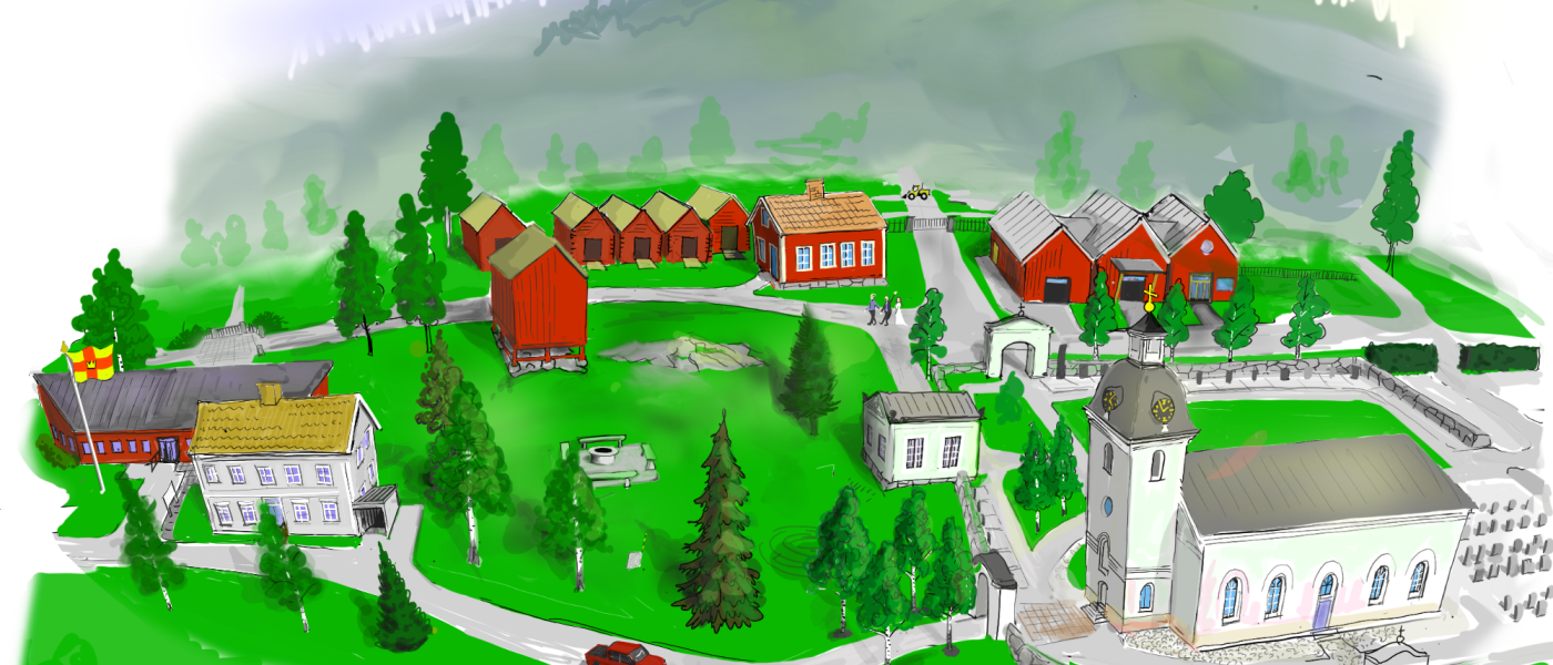 En illustration över Arnäs kyrkpark med alla hus och kyrkan. 