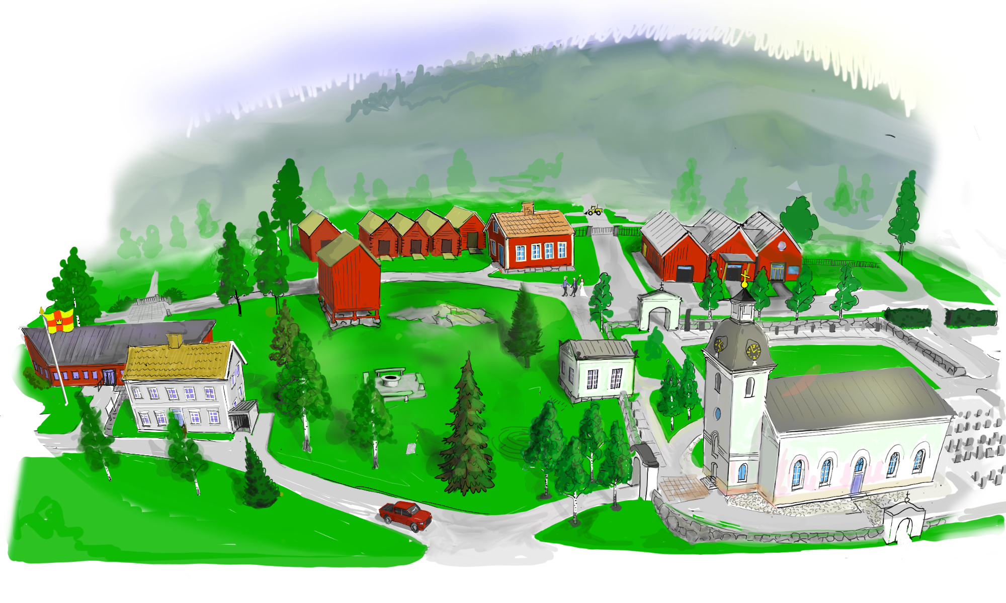 En illustration över Arnäs kyrkpark med alla hus och kyrkan. 