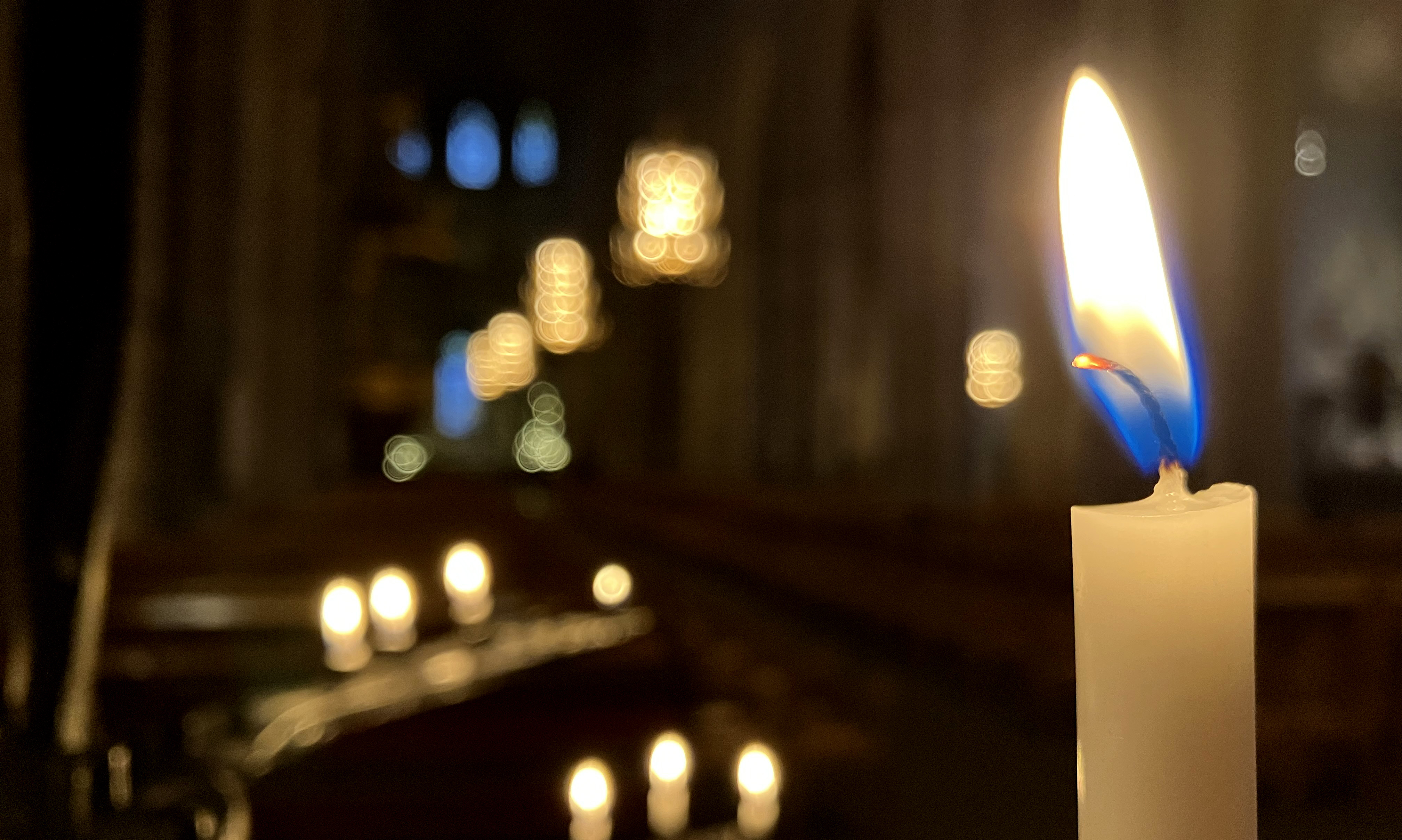 Ett tänt ljus i förgrunden, i bakgrunden domkyrkans kyrkorum med granar som anas i dunklet