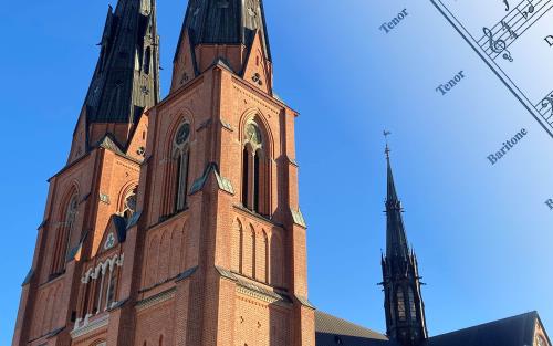 Domkyrkan syns i morgonljuset. Till vänster är ett notblad med tenor, baryton och basstämmor infällda.