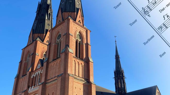 Domkyrkan syns i morgonljuset. Till vänster är ett notblad med tenor, baryton och basstämmor infällda.