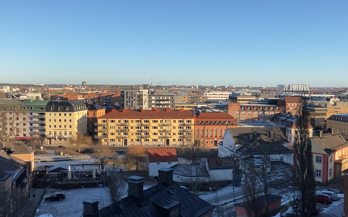 En vintervy över centrala och östra Uppsala sedd från domkyrkans takås.