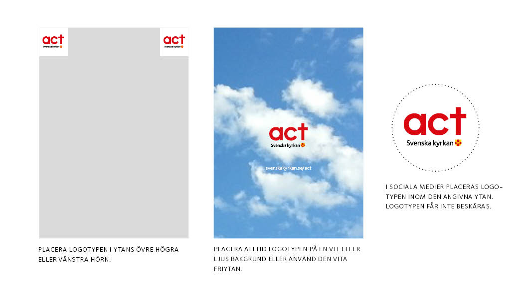 Tre bilder med Act Svenska kyrkans logga placerad på en grå bakgrund, en vit bakgrund och en blå himmel. 