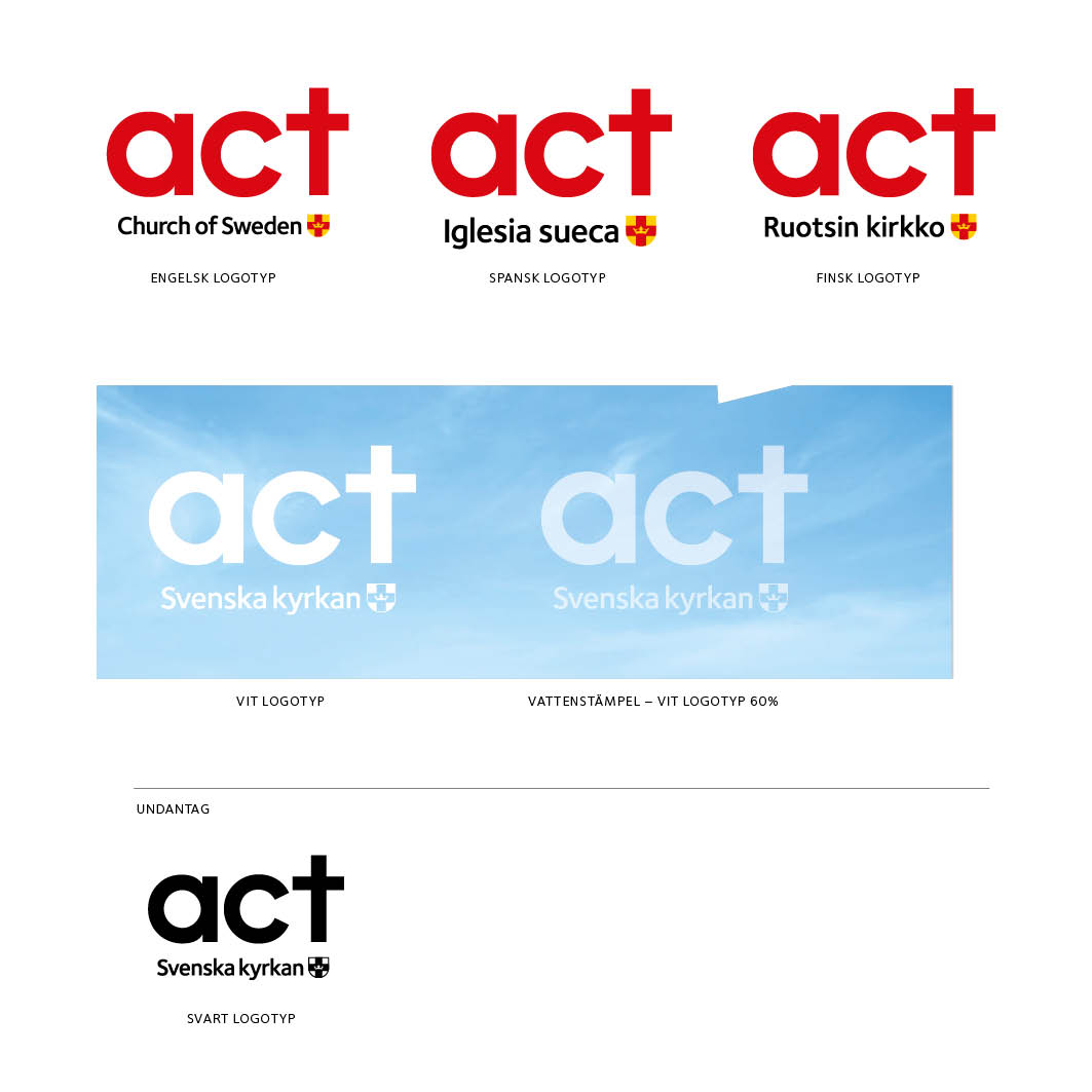 Olika varianter av Act Svenska kyrkans logotyp på olika bakgrunder.