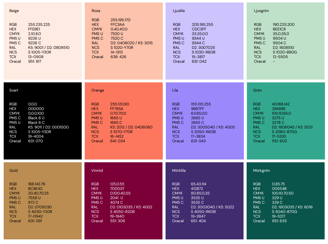 En översiktsbild av färgkoderna i Svenska kyrkans grafiska profil.