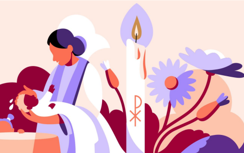 En färgglad abstrakt illustration av en kvinnlig präst som döper ett barn. Blommor och ett tänt ljus i bakgrunden.