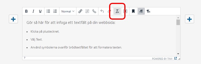 Skärmdump som visar knappen för att avformatera text.