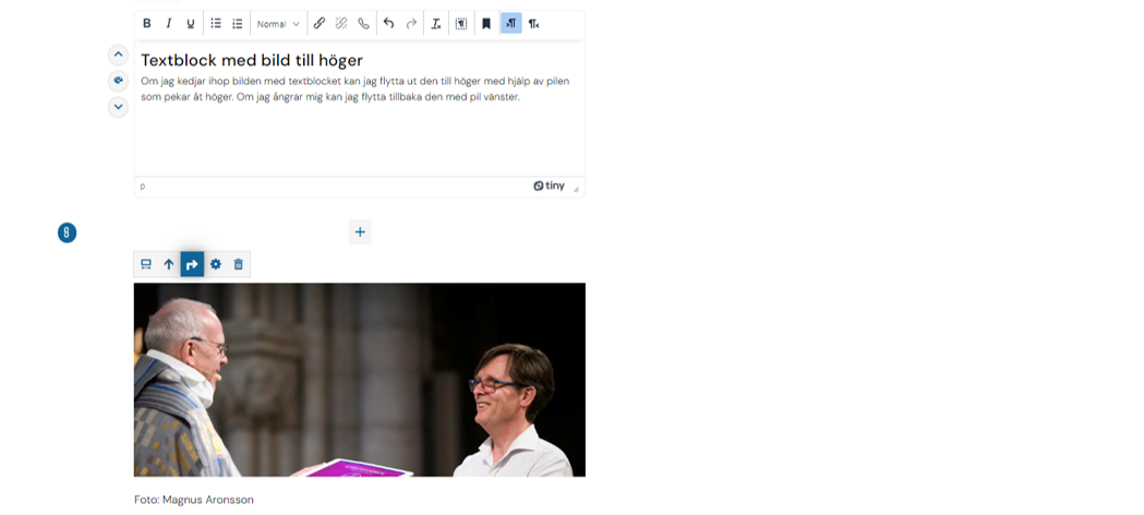 Skärmdump på hur det ser ut i admin när du kedjat ihop en bild med textblocket och kan flytta den till höger med hjälp av en pil.