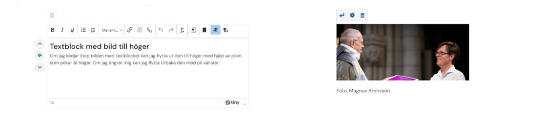 Skärmdump på hur det ser ut i admin när du flyttat ut bilden så den ligger till höger om texten. Om du ångrar dig kan du klicka på pil vänster för att flytta tillbaka bilden till textspalten.