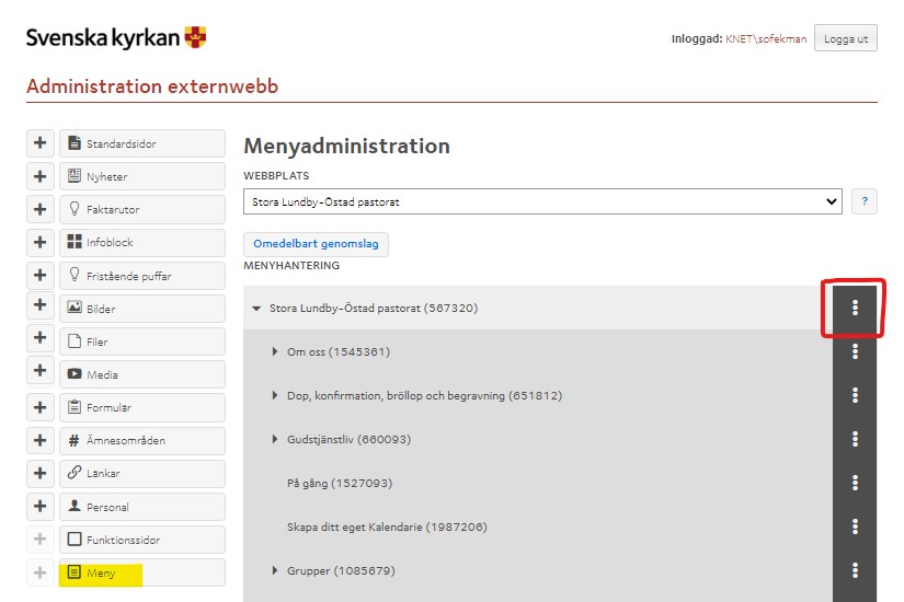 Skärmdump som visar menyhanteringen i admin.