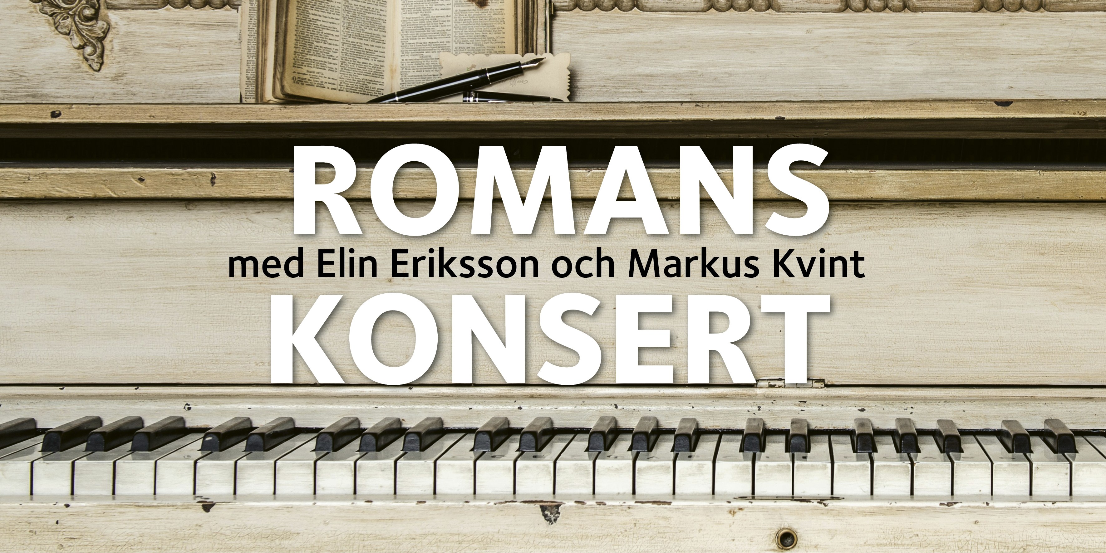 Gammal piano i bakgrunden med information om romanskonsert i Skanörs kyrka den 23 april. 